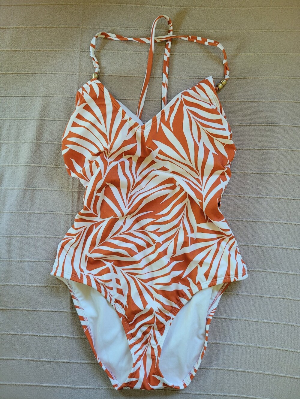 Orange and White Leaf-Print One-Piece Swimsuit